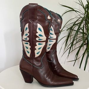 Vintage Leather Cowboy Boots Butterfly & Heart Brown Stacked Heel Western Size 5